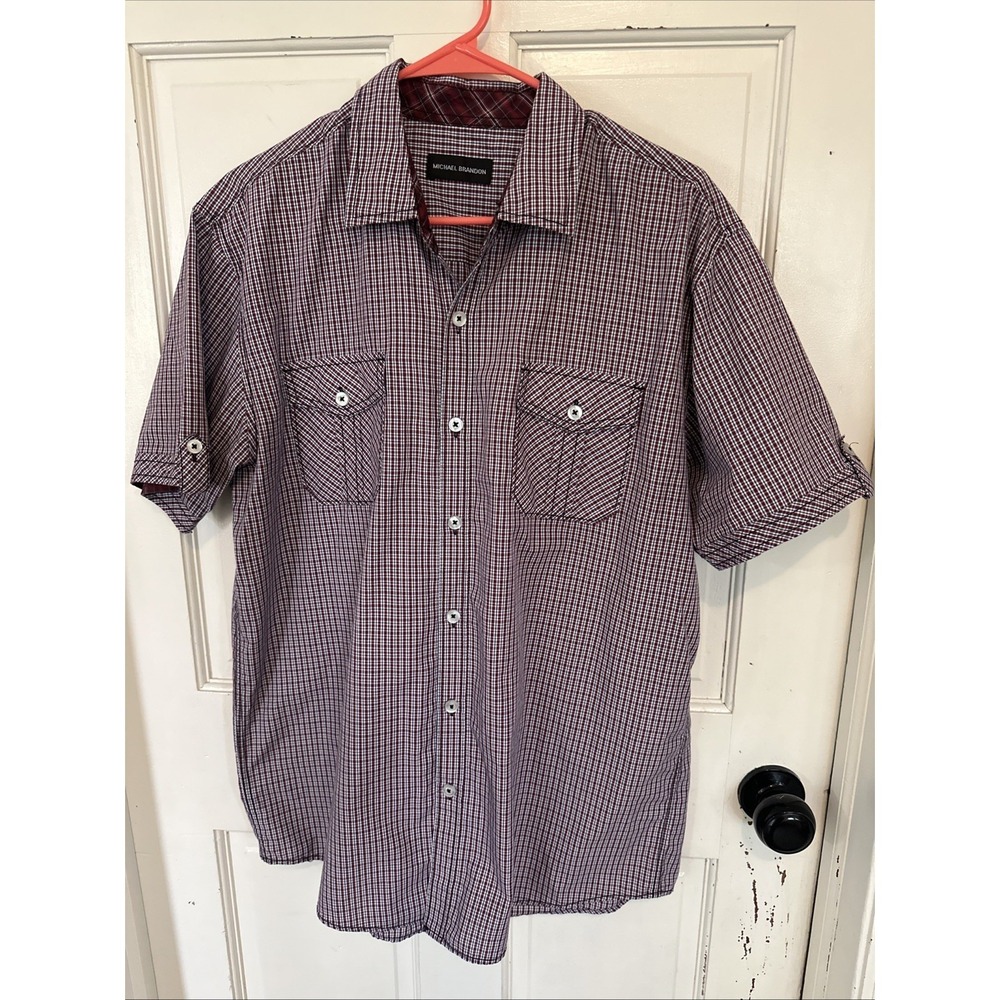 Michael Brandon Mens Plaid Button Up Red Blue Short Sleeve Shirt Pockets Sz Lg